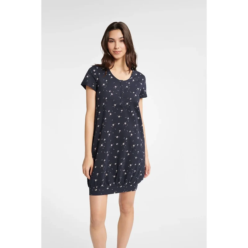 Chemise de nuit en coton confortable femme style décontracté manches courtes col rond motif floral bleu marine