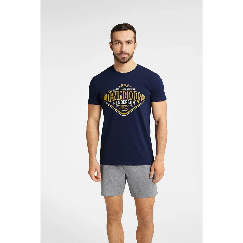 pyjama homme deuxpieces coton respirant manchescourtes short ample bleu marine gris clair motif rétro lettrage jaune Henderson