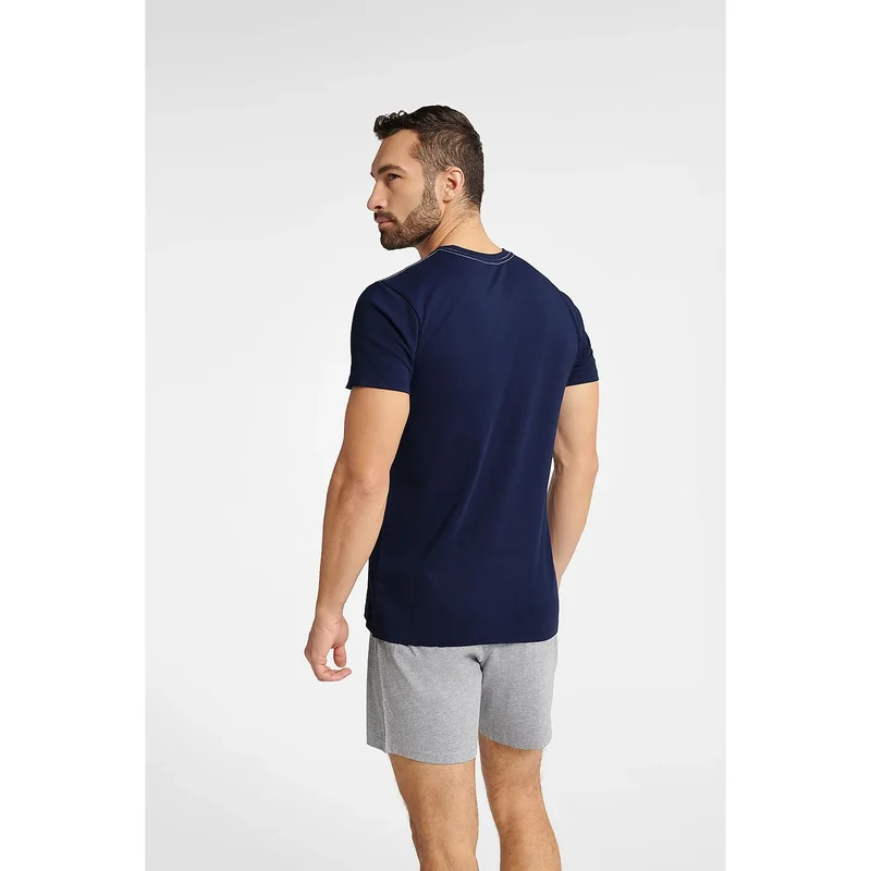 pyjama homme deuxpieces coton respirant manchescourtes short ample bleu marine gris clair motif rétro lettrage jaune Henderson