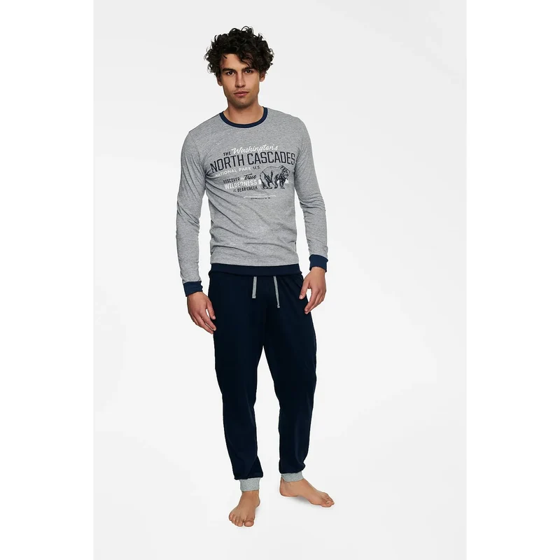 Pyjama Homme Henderson 171361 Coton Doux Respirant Confortable Intemporel Élégant Gris Marine Manches Longues Élastique Chevilles Contrastées Romantique Détente