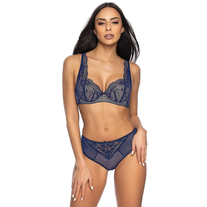 Culotte transparente en dentelle bleu marine pour femme, lingerie élégante et confortable, design sexy, taille mi-haute, matières douces, idéale pour tous les jours ou soirées