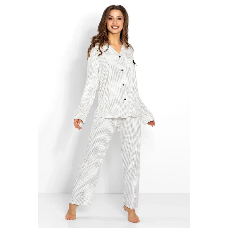 pyjama femme élégant confortable douceur viscose élasthanne mancheslongues chemise pantalon ample colrevers boutonscontrastants blanc petits points