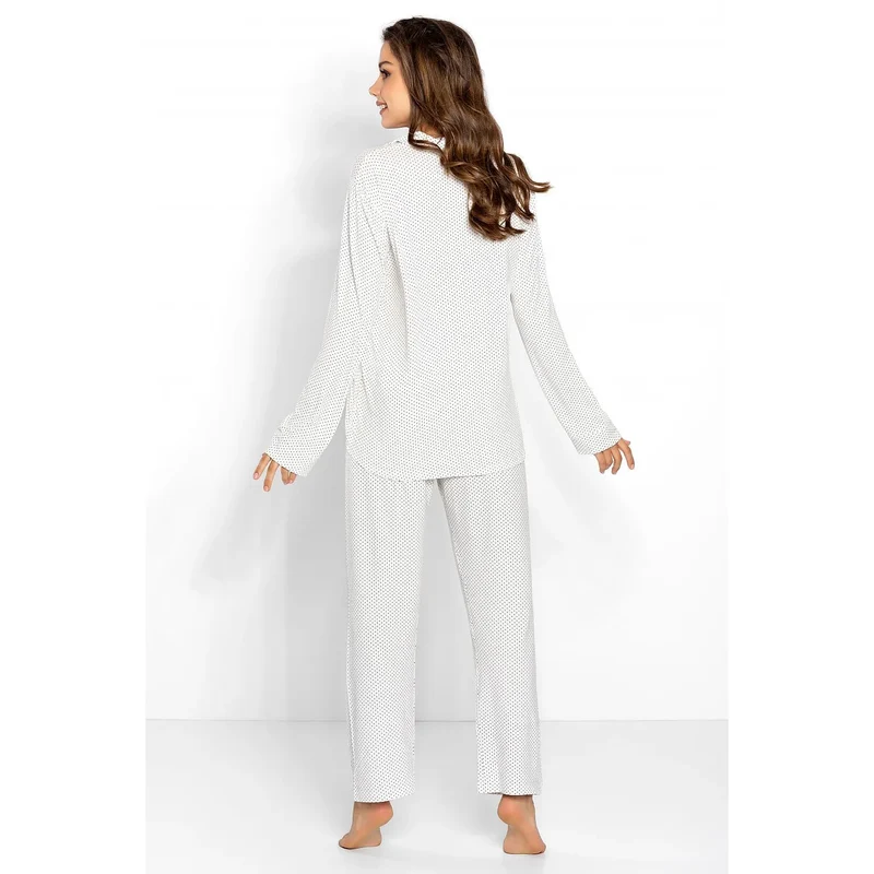 pyjama femme élégant confortable douceur viscose élasthanne mancheslongues chemise pantalon ample colrevers boutonscontrastants blanc petits points