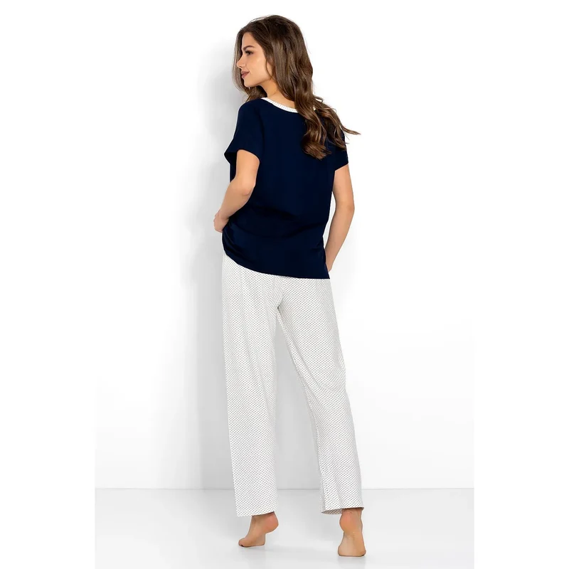 pyjama sexy femme viscose élasthanne chemisier manches courtes col V pantalon long ample blanc pois noirs bleu marine
