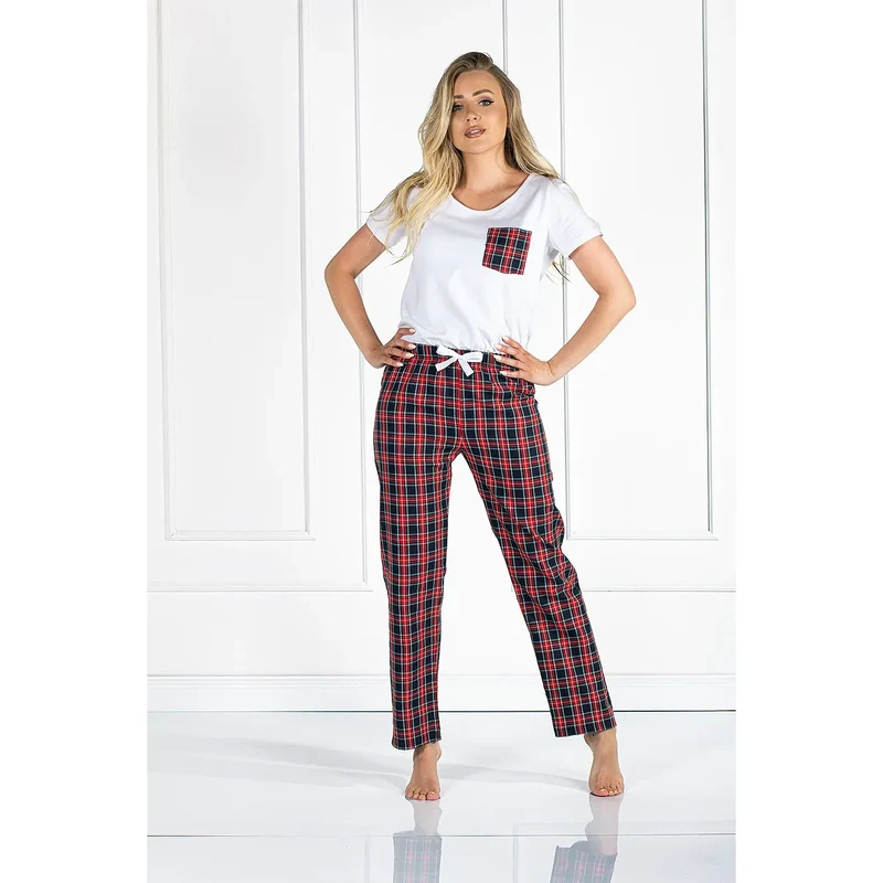 pyjama femme confortable carreaux rouge noir chemisier manches courtes poche plaquée pantalon ceinture élastique cordon serrage