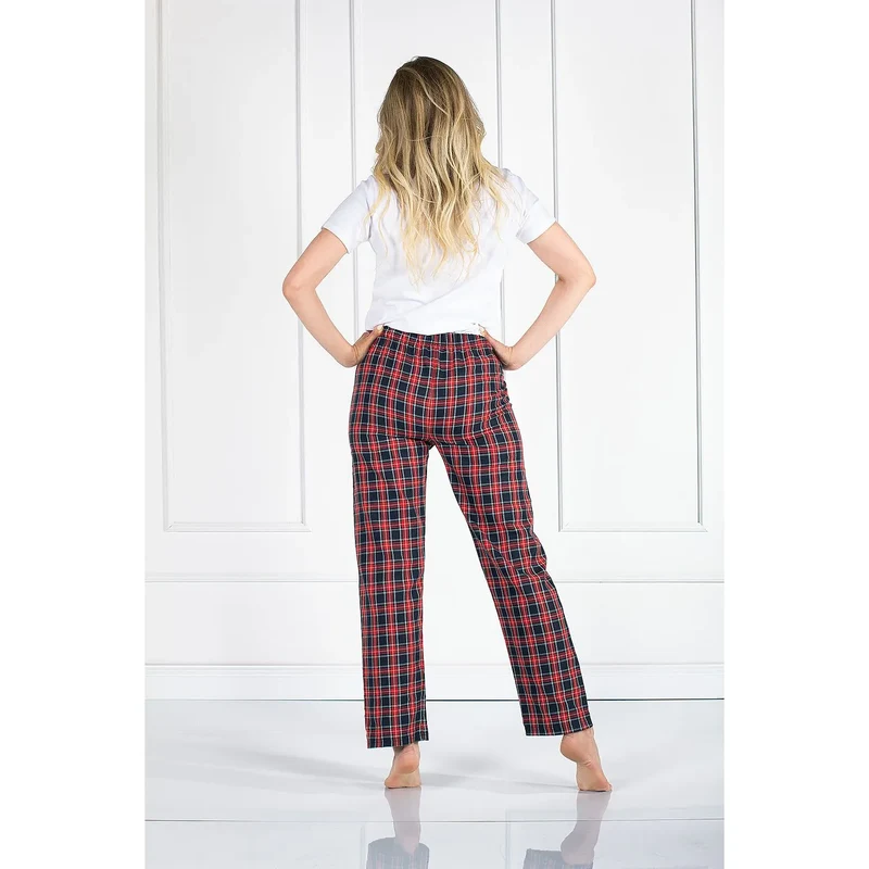pyjama femme confortable carreaux rouge noir chemisier manches courtes poche plaquée pantalon ceinture élastique cordon serrage