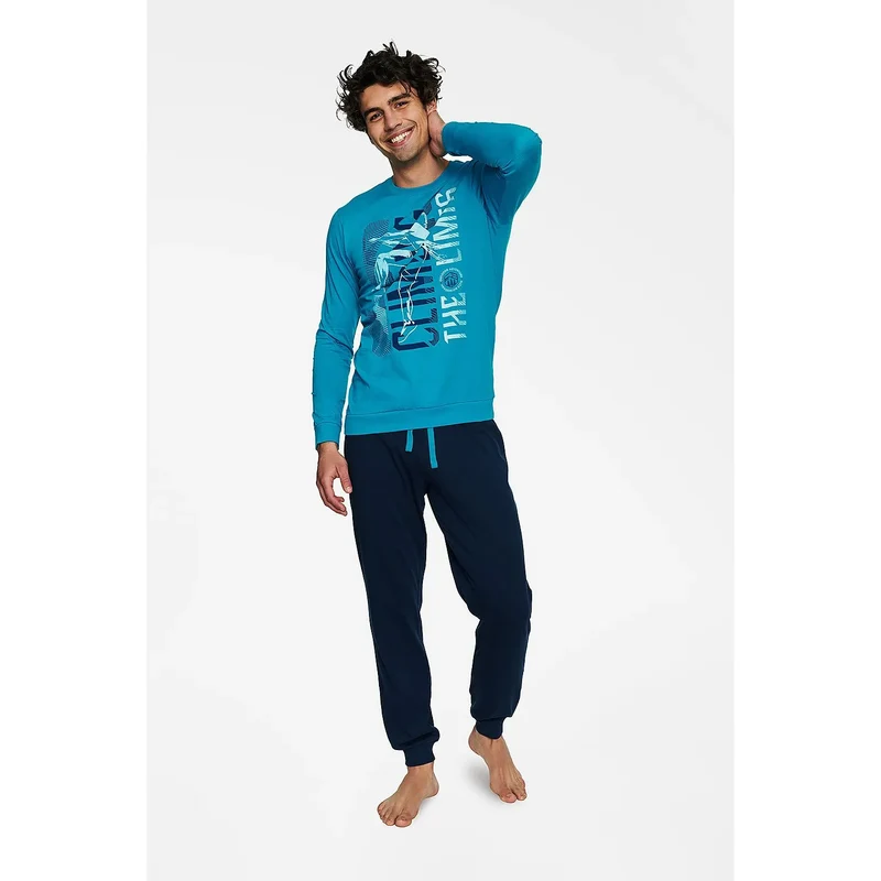 Pyjama Homme Confortable Élégant Douillet Ample Respirant Coton Élasthanne Turquoise Bleu Marine Imprimé Graphique Taille Élastiquée Cordon Serrage Nuit Détente