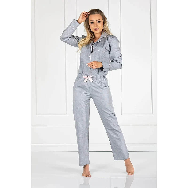 Pyjama femme en coton 100% confortable et élégant, pyjama en deux pièces avec col à revers et pantalon élastique, idéal pour la détente à domicile