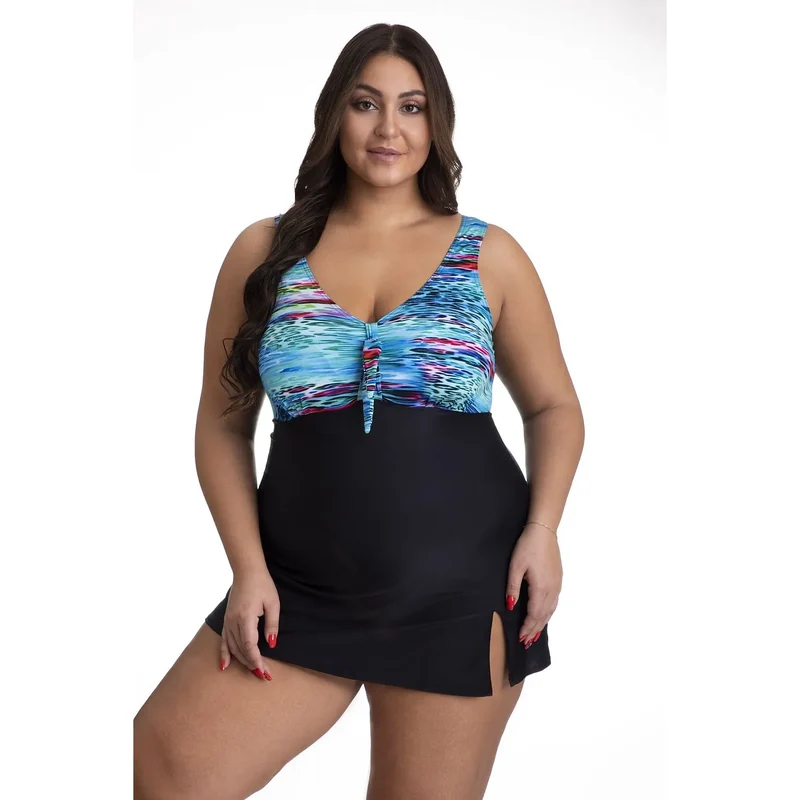 maillot bain pièce Barontex modèle167678 multicolore motif abstrait décolletéplongeant bretelles larges soutien jupe intégrée fente latérale tissu élastique