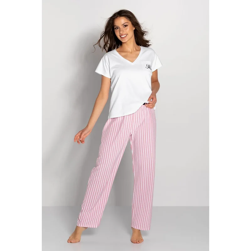 Pyjama femme élégant confortable chemisier V-neck pantalon rayures roses blanches doux respirant intime nuit relaxation maison