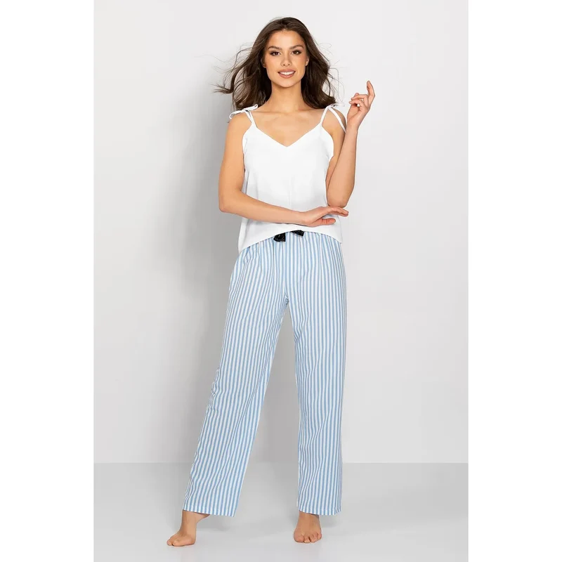 Pyjama femme polyester respirant doux haut bretelles nouées encolure pointe pantalon ample noeud taille confortable élégant sommeil détente cadeau