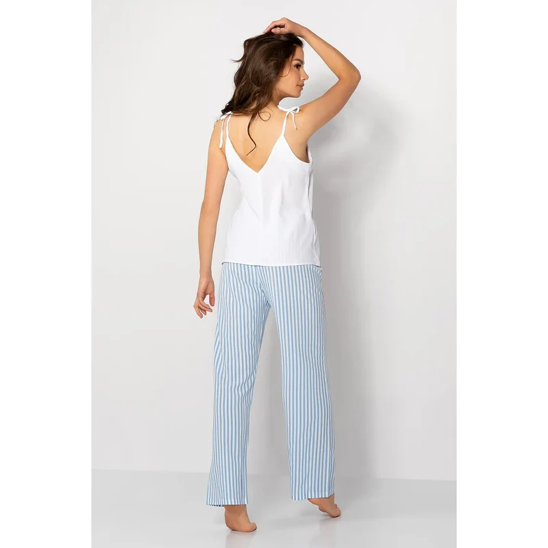 Pyjama femme polyester respirant doux haut bretelles nouées encolure pointe pantalon ample noeud taille confortable élégant sommeil détente cadeau