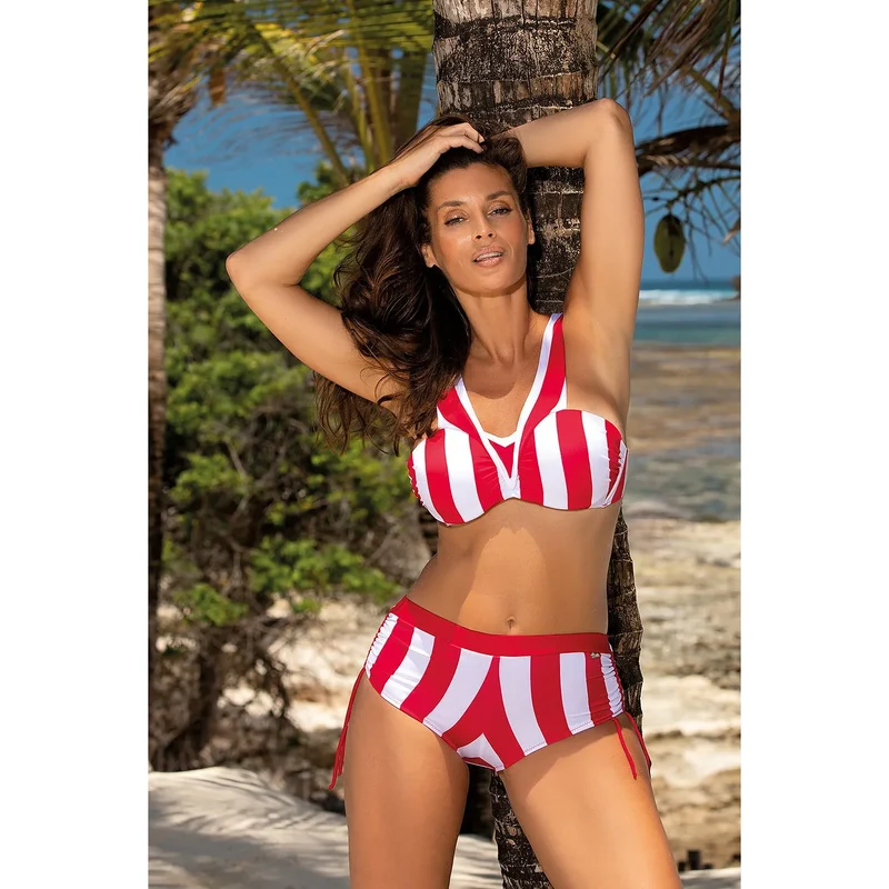 Maillot de bain deux pièces érotique soutien-gorge push-up Culotte basse ajustable tissu italien Carvico Tessuti rouge et blanc rayures verticales