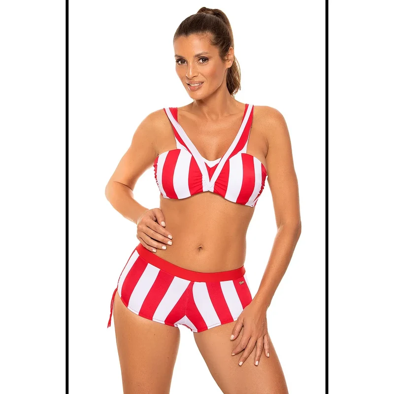 Maillot de bain deux pièces érotique soutien-gorge push-up Culotte basse ajustable tissu italien Carvico Tessuti rouge et blanc rayures verticales