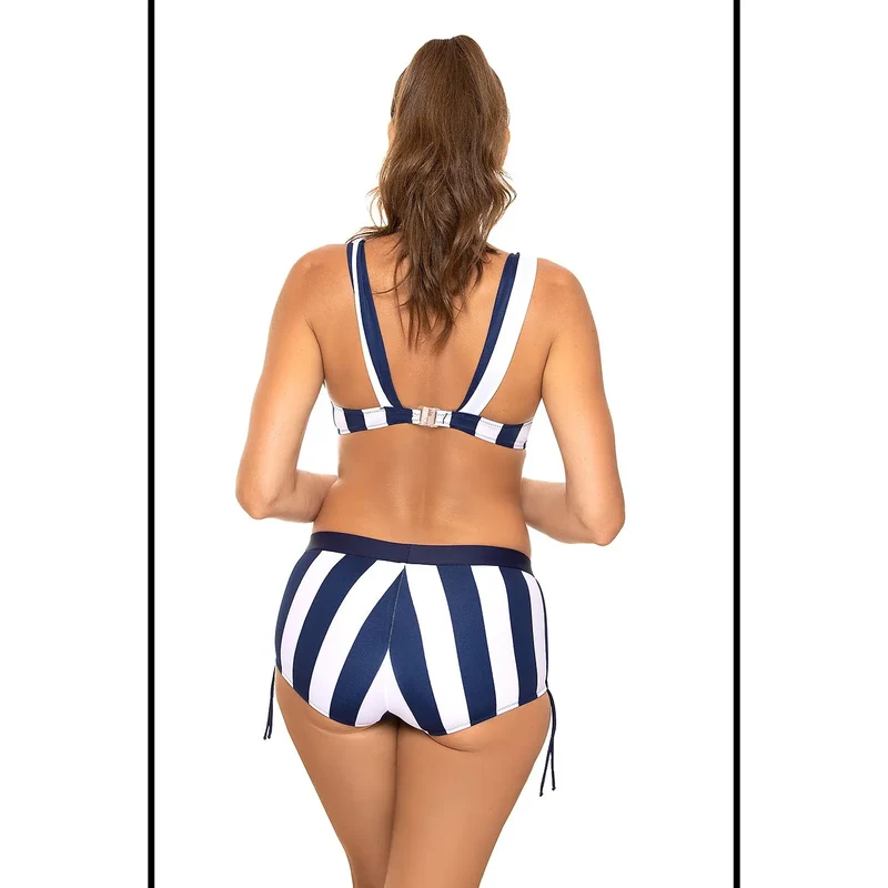 bikini bustier bretelles larges rembourré rayures blanches bleues polyamide elasthanne stretch tissu italien culotte basse cordons ajustables maintien confort