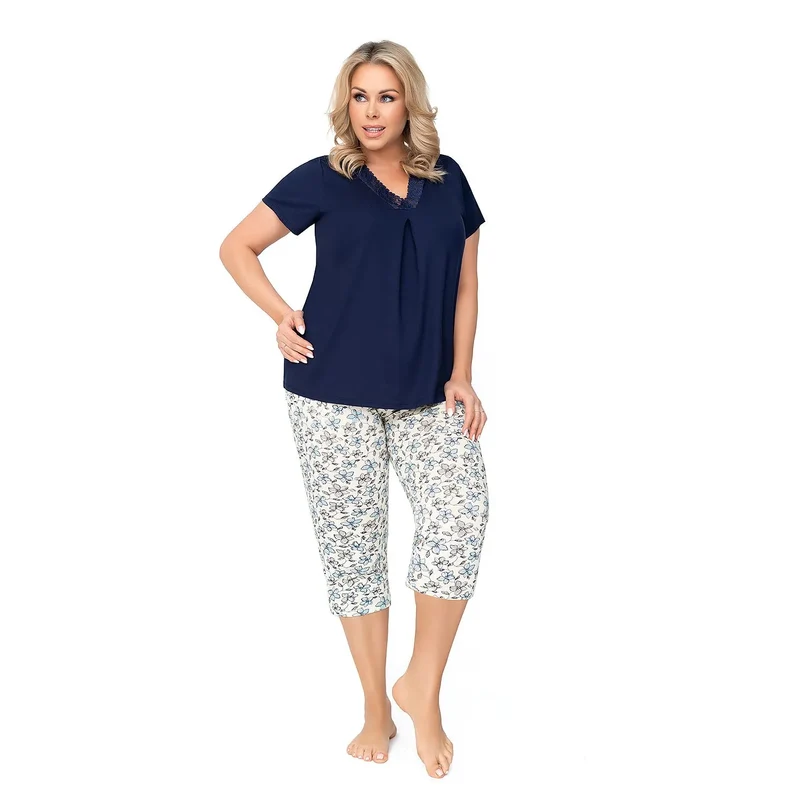 Pyjama Comfort Large Size Elegant Floral Pattern Cotton Blend Blouse Short Sleeves Lace V-neck Capri Pants Soft High-Quality Materials Home Sleepwear