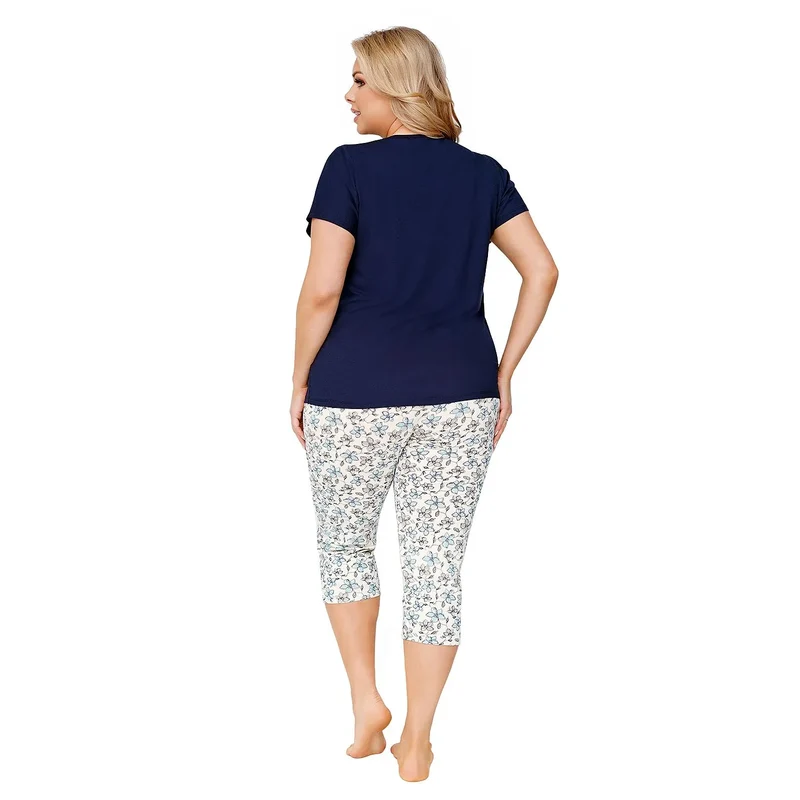 Pyjama Comfort Large Size Elegant Floral Pattern Cotton Blend Blouse Short Sleeves Lace V-neck Capri Pants Soft High-Quality Materials Home Sleepwear