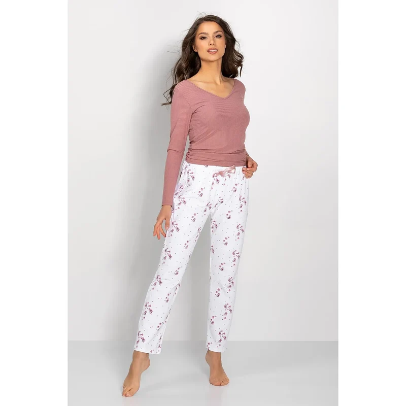 pyjama femme élégant confortable satiné floral rose blanc côtelé chemisier colV pantalon ample taille élastique manches longues douceur respirant