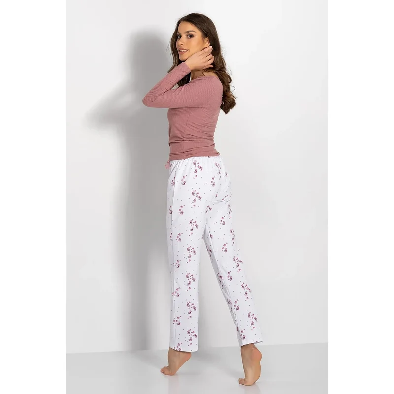 pyjama femme élégant confortable satiné floral rose blanc côtelé chemisier colV pantalon ample taille élastique manches longues douceur respirant