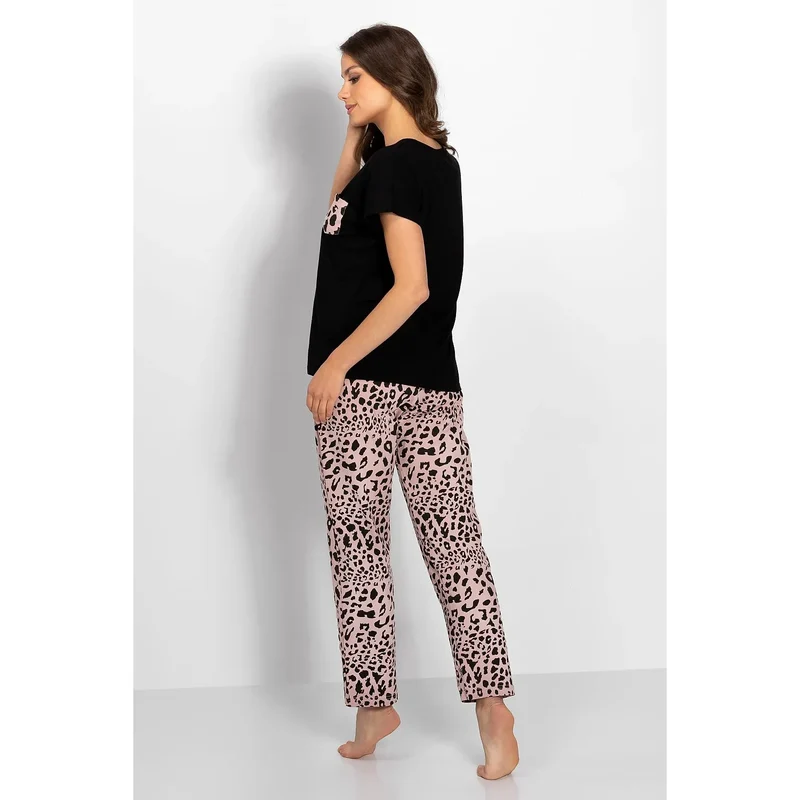Pyjama femme élégant imprimé léopard rose et noir confortable élastique taille déco noeud dormir intérieur relaxation lingerie intime