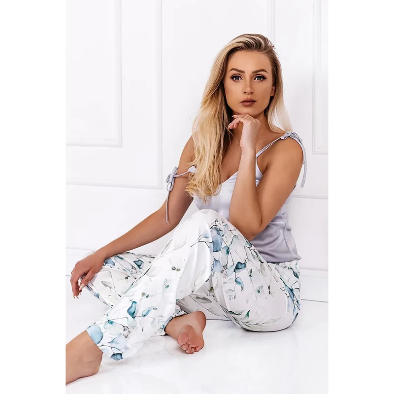 Pyjama érotique femme satin imprimé floral débardeur ajustable bretelles fines pantalon long taille élastique cordon tissu doux respirant