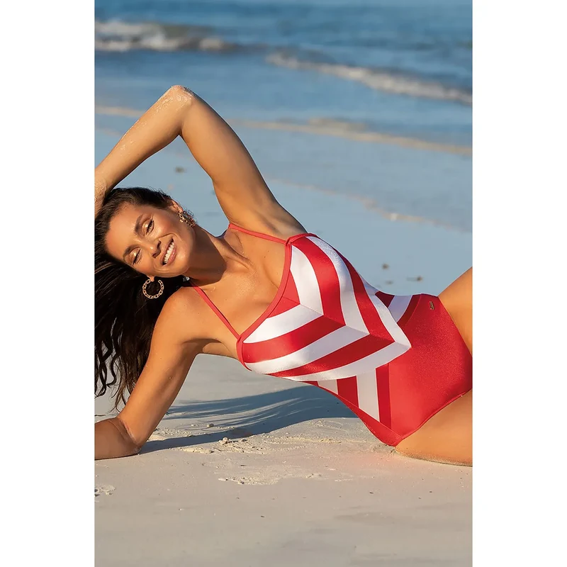 Maillot bain monopièce Carvico tissu italien élasthanne polyamide motif géométrique rouge blanc armature intégrée bretelles ajustables