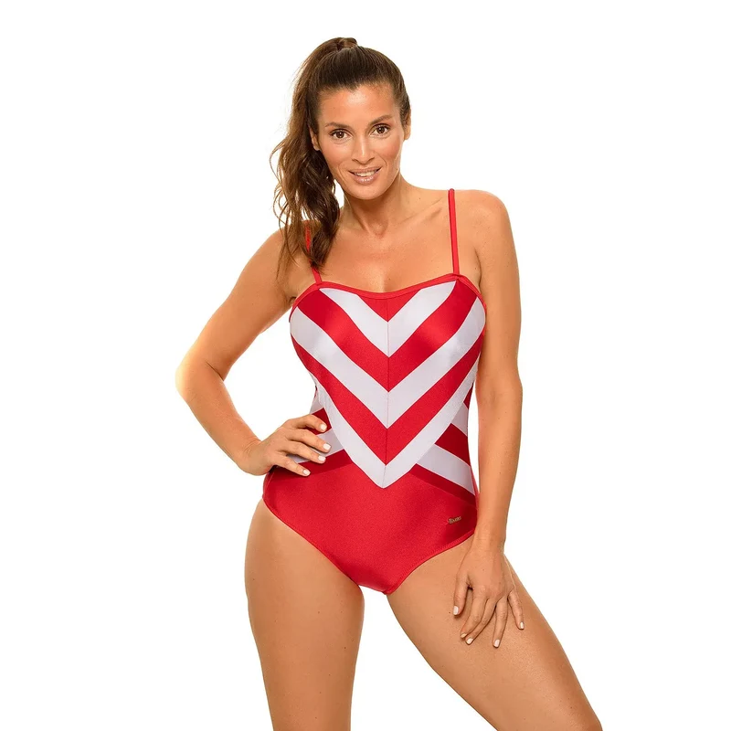 Maillot bain monopièce Carvico tissu italien élasthanne polyamide motif géométrique rouge blanc armature intégrée bretelles ajustables