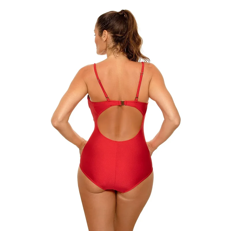 Maillot bain monopièce Carvico tissu italien élasthanne polyamide motif géométrique rouge blanc armature intégrée bretelles ajustables