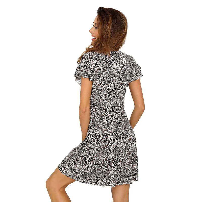 chemise nuit Donna 163580 imprimé léopard viscose douce manches courtes volant jabot cuisses sexy élégante confortable emballage cadeau