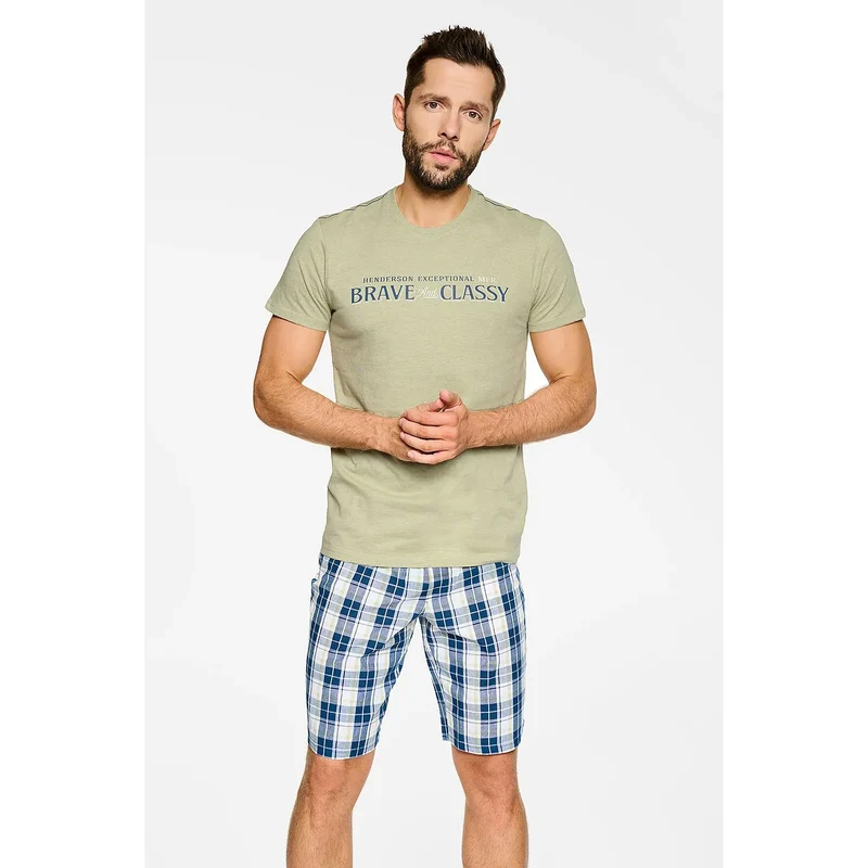 pyjama homme coton confortable respirant douillet détente relaxation insomniaque manchescourtes bermudacarreaux tailleelastique kaki marine blanc inscription