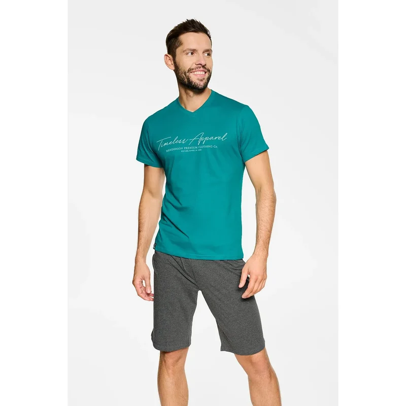 pyjama homme été bermuda manches courtes coton chemise encolureV cordon taille respirant doux léger sexy moderne turquoise gris élégant discret