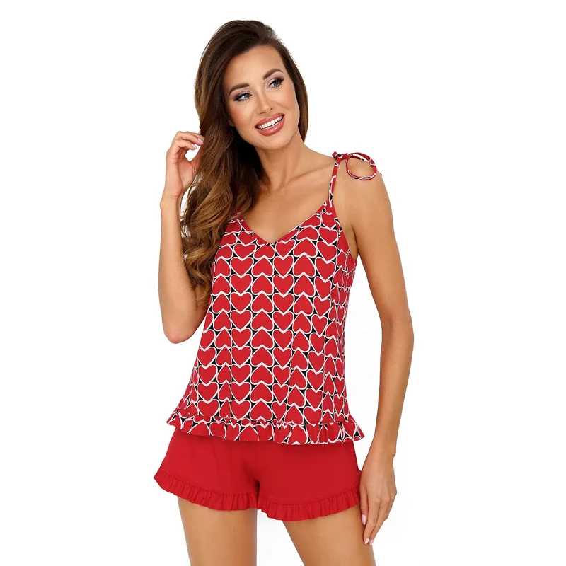 pyjama deux pièces femme lingerie romantique cœurs blanc rouge bretelles ajustables volanté short élastique taille coton doux respirant