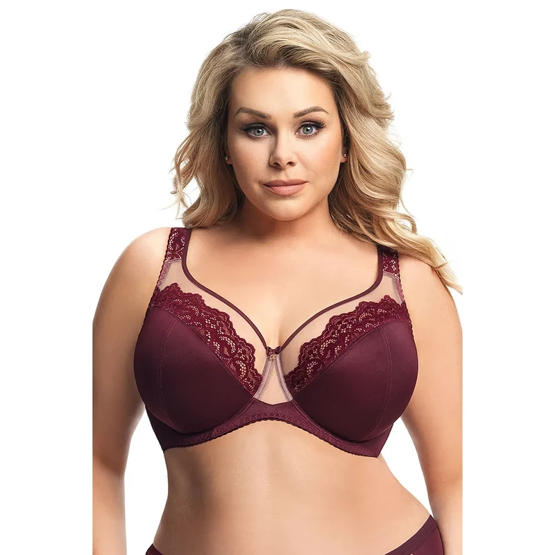 soutiengorge élégant dentelle tulle bretelles larges ajustables maintien renforcé bonnets pleins décolleté prononcé doublure confortable douceur soyeuse bordeaux raffiné