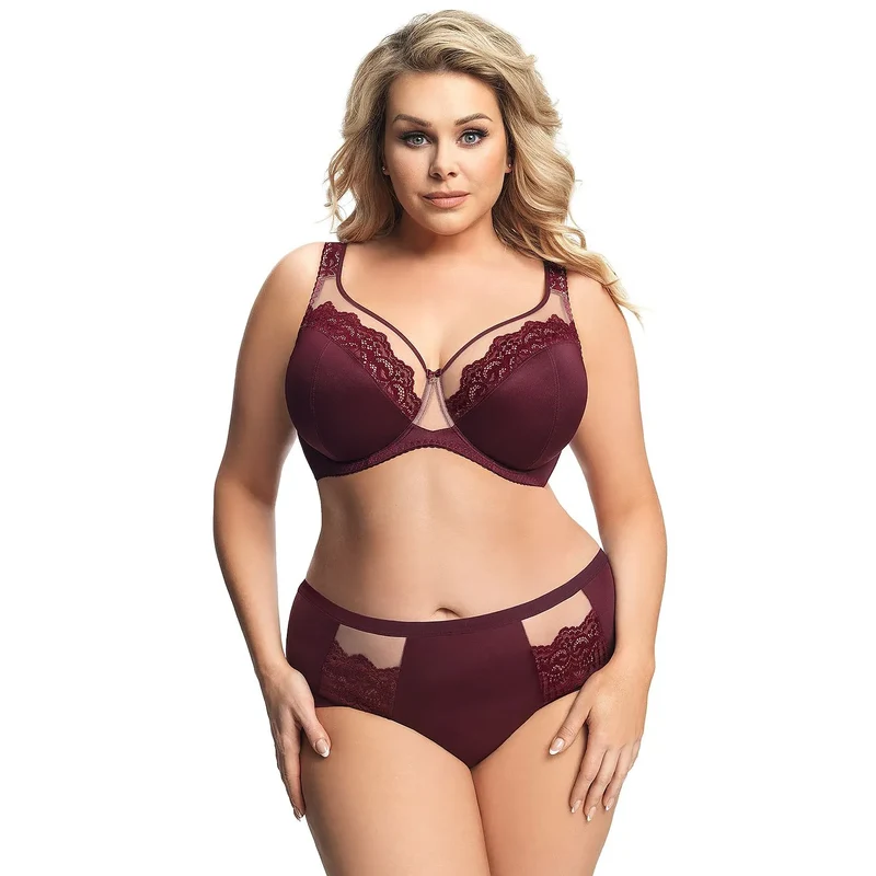 soutiengorge élégant dentelle tulle bretelles larges ajustables maintien renforcé bonnets pleins décolleté prononcé doublure confortable douceur soyeuse bordeaux raffiné
