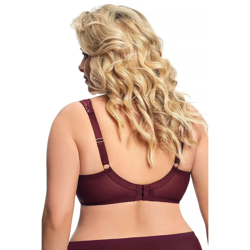 soutiengorge élégant dentelle tulle bretelles larges ajustables maintien renforcé bonnets pleins décolleté prononcé doublure confortable douceur soyeuse bordeaux raffiné