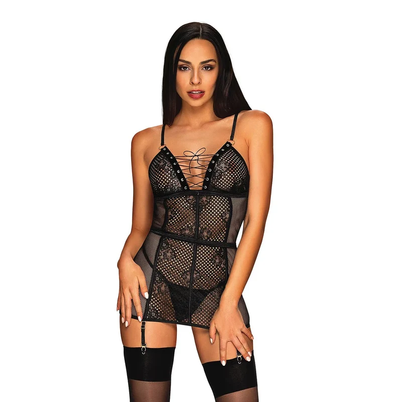 nuisette sexy ajustée dentelle florale jarretelles détachables enfilage dos échancré élasthanne polyamide ceinture taille string assorti décolleté spectaculaire