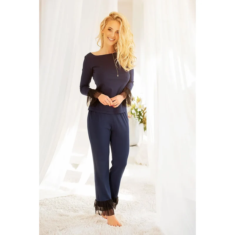 ensemble Kalimo féminin élégant viscose douce bleu marine volants tulle noir manches longues pantalon droit encolure dégagée confort hiver intemporel