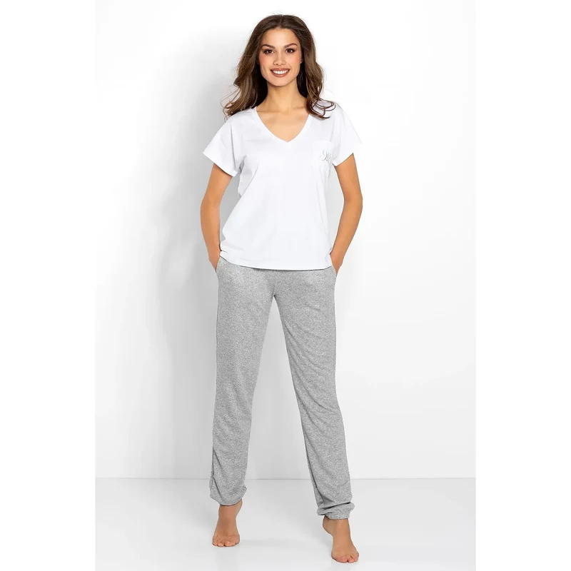 pyjama homme élégant coton doux respirant pantalon gris chiné blanc col V poche poitrine ceinture élastique logo argenté détente intérieur