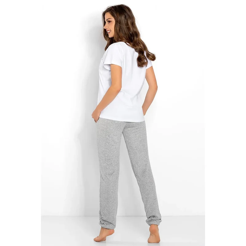 pyjama homme élégant coton doux respirant pantalon gris chiné blanc col V poche poitrine ceinture élastique logo argenté détente intérieur