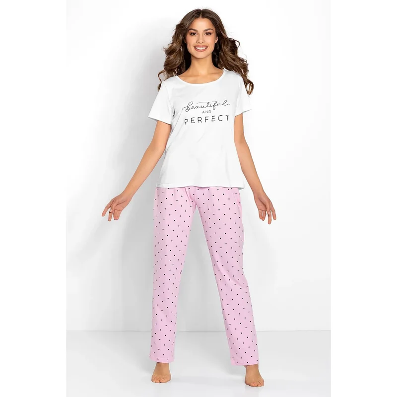 pyjama sexy confortable doux coton élasthanne blanc rose clair féminin élégant sensuel imprimé haut pantalon long galbé points noirs raffiné