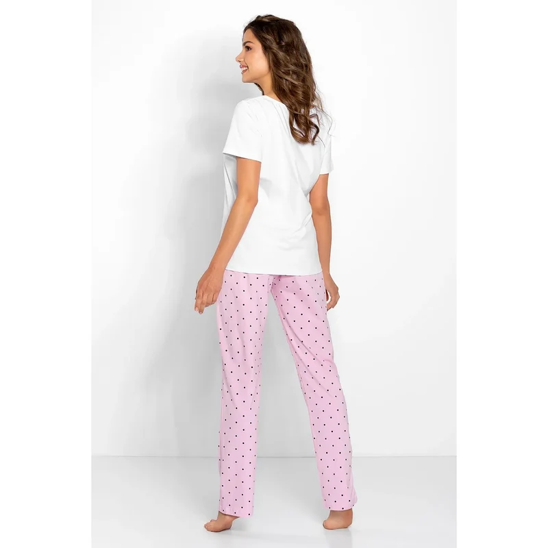 pyjama sexy confortable doux coton élasthanne blanc rose clair féminin élégant sensuel imprimé haut pantalon long galbé points noirs raffiné