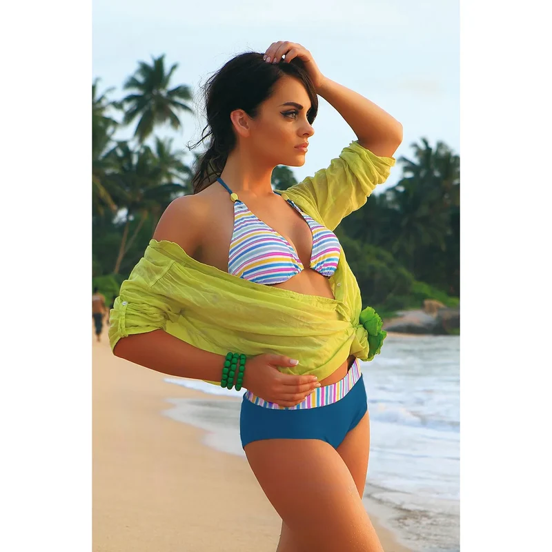 Maillot bain deux pièces Ewlon bikini rayures colorées sportif confortable élasthanne polyamide bonnets rembourrés amovibles bretelles bijoux short lisse