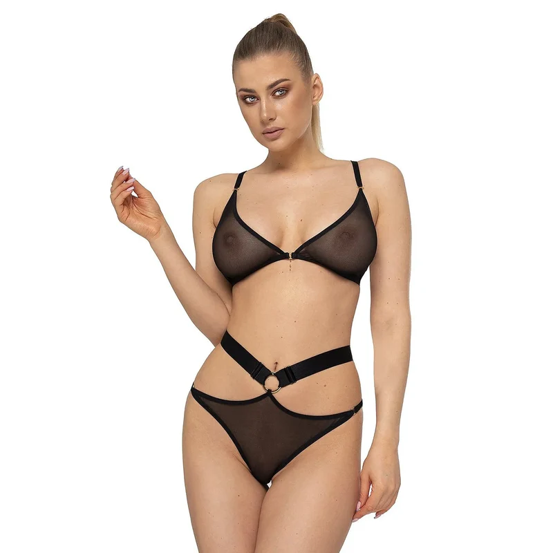 Lingerie sexy Anais model 155861 ensemble 2 pièces maille noire transparente soutien-gorge bas string bretelles ajustables fermeture centrale boucle métallique