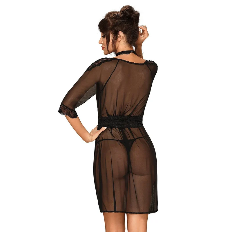 peignoir érotique dentelle transparente ceinture satinée col ouvert manches courtes longueur cuisses noir string assorti cachetétons élastique confortable sexy