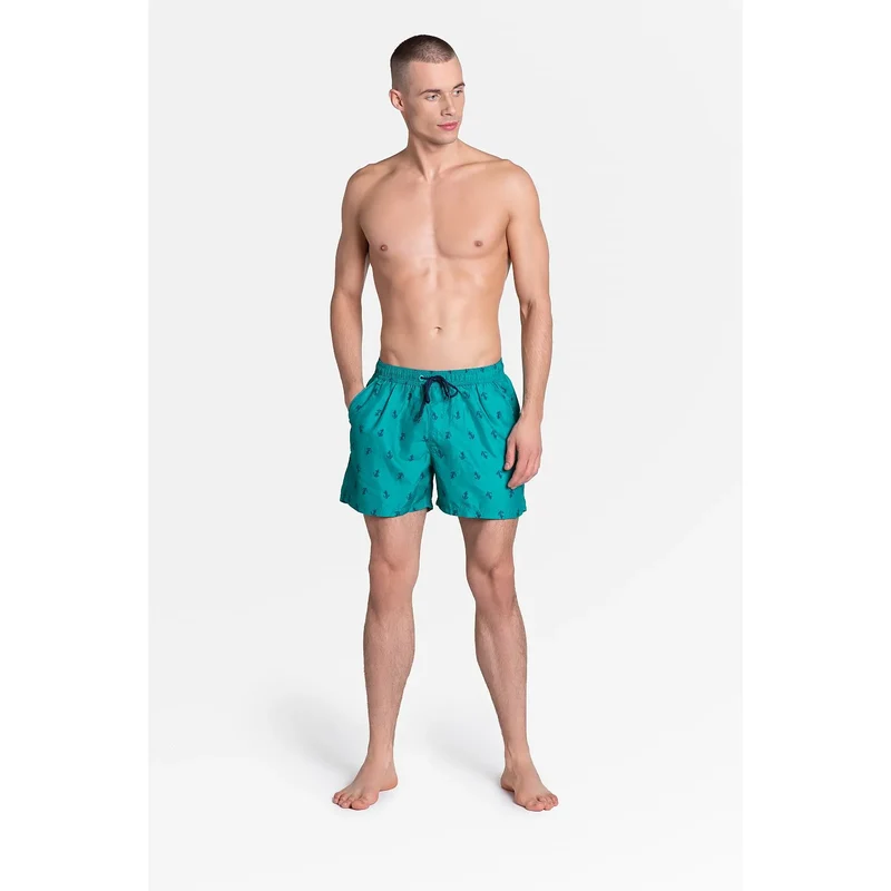 Short de bain homme collection Henderson couleur turquoise motifs palmiers tissu polyester séchage rapide poches latérales ceinture élastique confort plage piscine