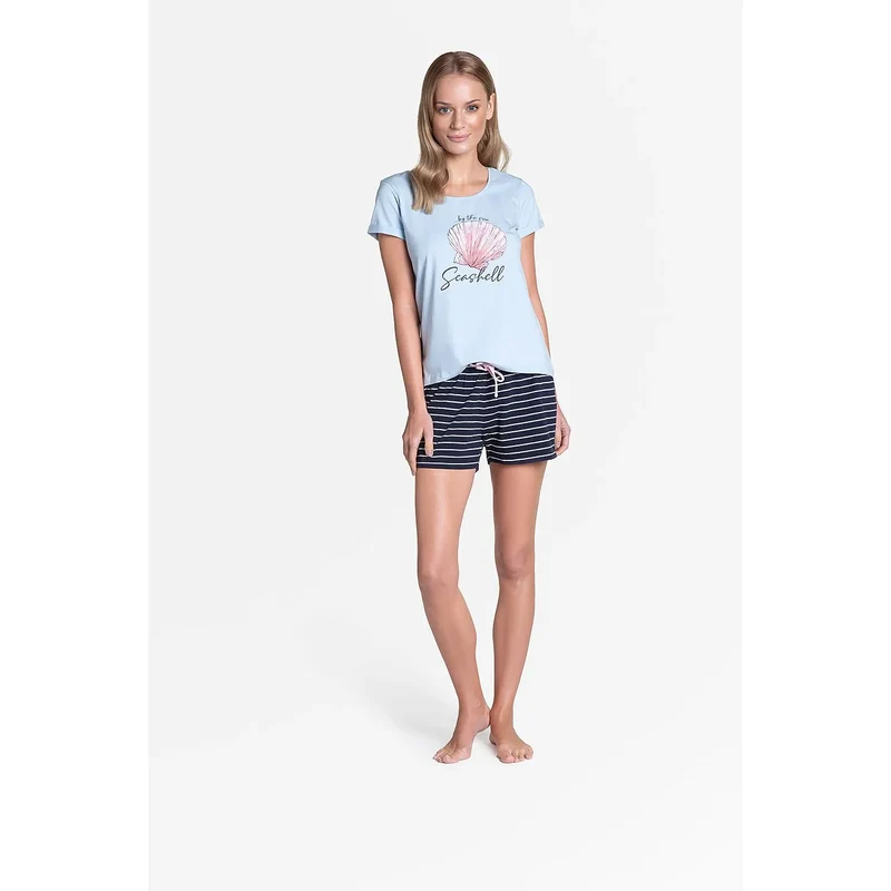 Pyjama femme élégant confortable coton élasthanne viscose deux pièces bleu clair coquillage rose short rayures horizontales taille élastique cordon ajustable