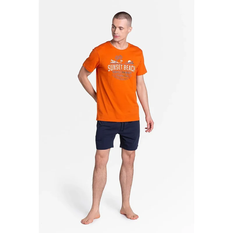 Pyjama Henderson modèle 152053 T-shirt orange motif Sunset Beach short bleu marine été détente confort