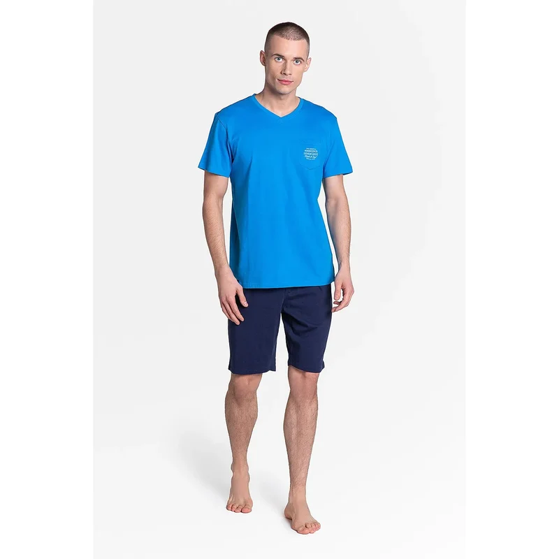 pyjama homme coton doux confortable respirant classique sportif haut col V poche poitrine short mi longueur bleu vif