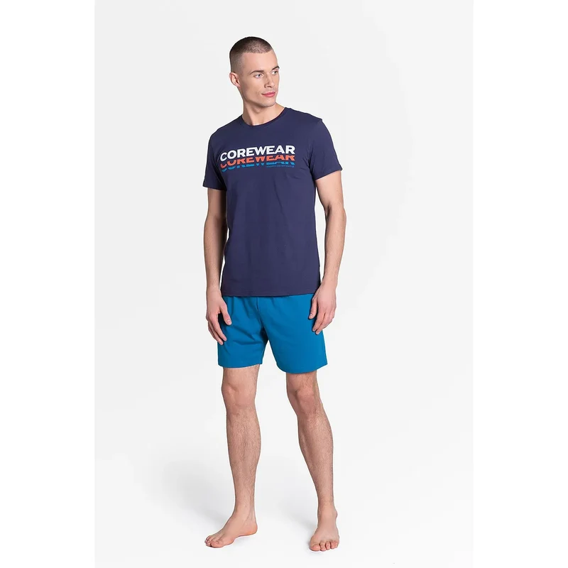 pyjama homme érotique sportif intemporel coton biologique doux hypoallergénique respirant haut manches courtes short genoux bleu marine vif confort sensuel