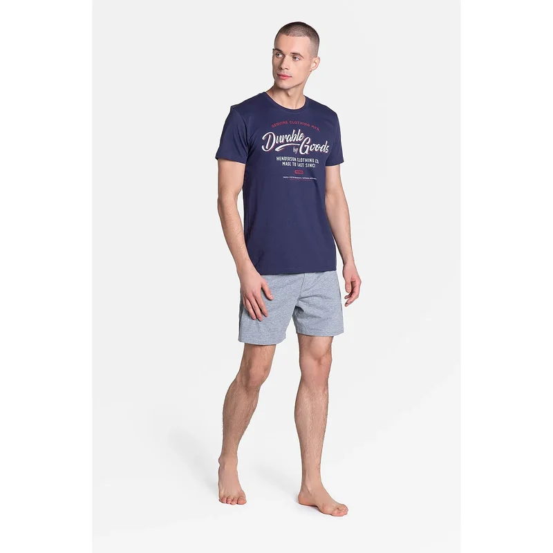 Pyjama Henderson Modèle151569 Homme Confortable Décontracté Moderne Coton Doux Respirant Manchescourtes Encolure Ronde Imprimé Textuel Short Grisclair Coupe Ample BleuMarine